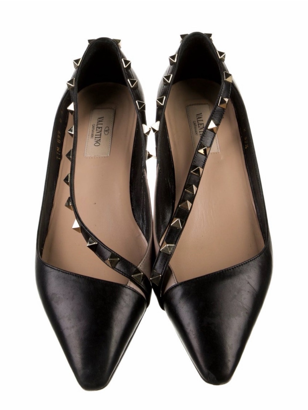 Valentino Black Leather Pointed-Toe Slingback Flats with Gold Studs